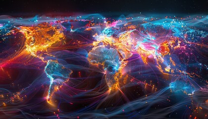 World night view futuristic international telecommunication network, concept about global connection and information, background with colourful dynamic gradient line flows connecting between countries