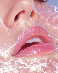 Obraz premium Stunning closeup of glossy lips emerging from crystal clear water with soft reflections and shimmering highlights
