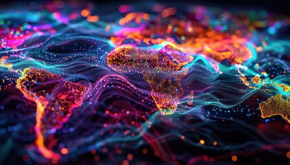 World night view futuristic international telecommunication network, concept about global connection and information, background with colourful dynamic gradient line flows connecting between countries