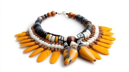 Handcrafted Tribal Necklace with Feathers and Beads. Generative AI