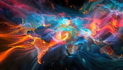 World night view futuristic international telecommunication network, concept about global connection and information, background with colourful dynamic gradient line flows connecting between countries