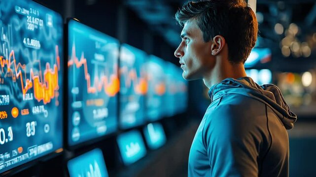 A man looks at screens while analysing performance data in a sports facility.