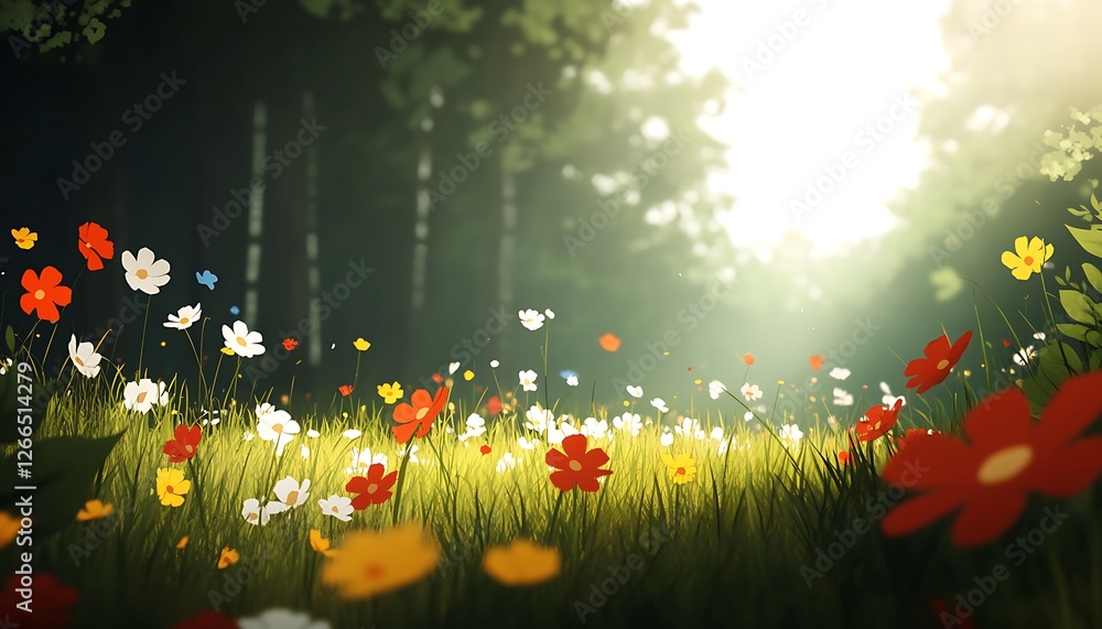 Canvas Prints Flowers bloom in meadow near forest; sunlight shines for a peaceful nature scene. Web banner use