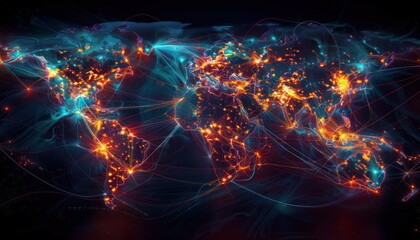 World night view futuristic international telecommunication network, concept about global connection and information, background with colourful dynamic gradient line flows connecting between countries