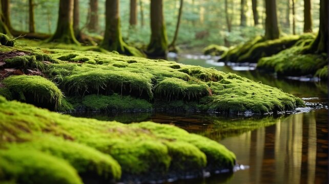 moss covered rocks in a stream in a forest with trees