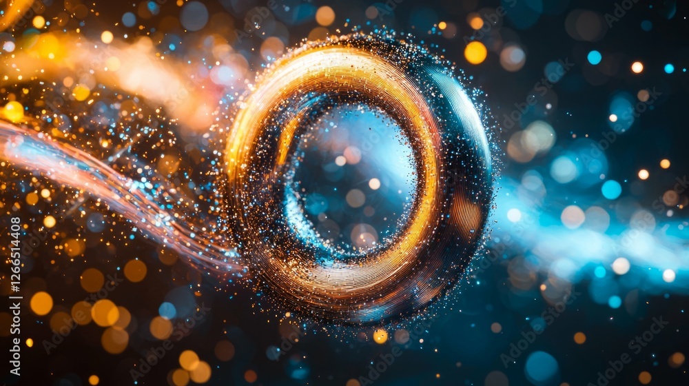 Poster glowing abstract sphere with colorful sparkles and light trails