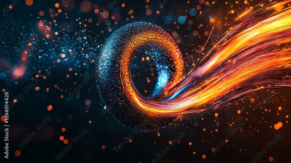Poster abstract flowing light trails with colorful particles and background
