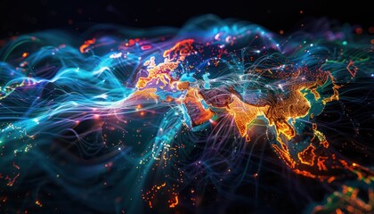 World night view futuristic international telecommunication network, concept about global connection and information, background with colourful dynamic gradient line flows connecting between countries