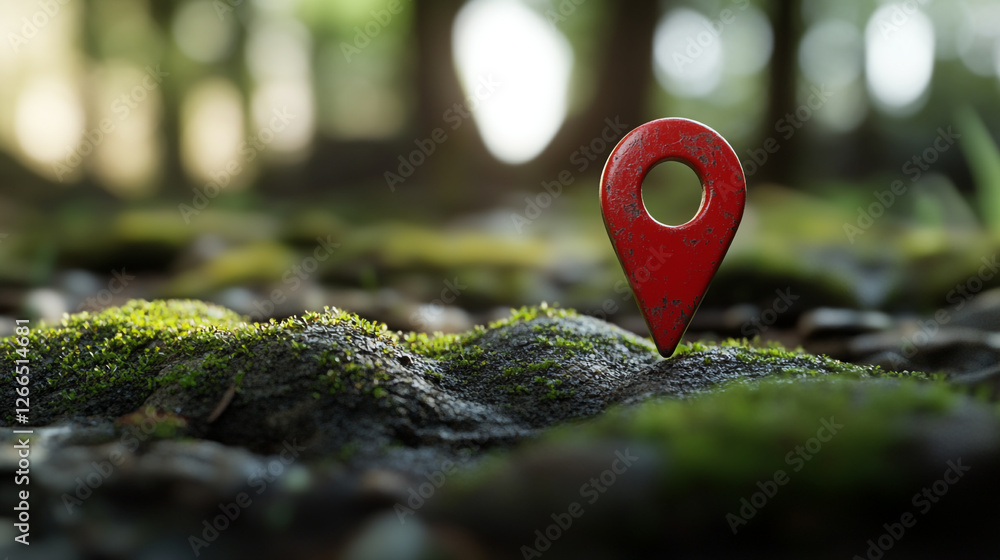 Poster exploring nature with a vibrant red marker indicating a hidden gem in a serene woodland setting