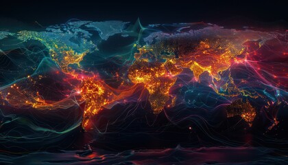 World night view futuristic international telecommunication network, concept about global connection and information, background with colourful dynamic gradient line flows connecting between countries