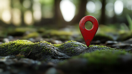 Exploring nature with a vibrant red marker indicating a hidden gem in a serene woodland setting
