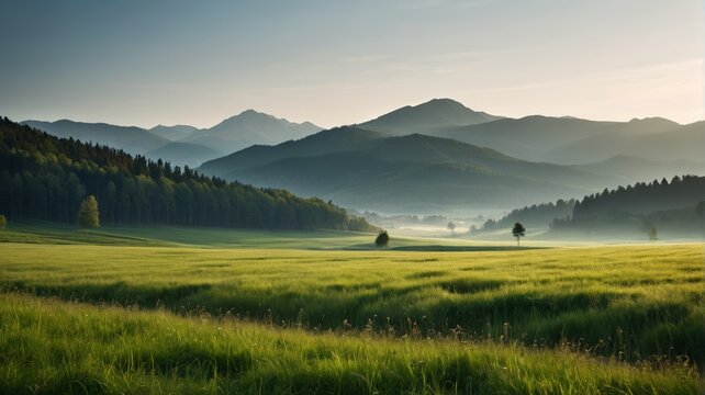 mountains in the distance with a field of grass and trees