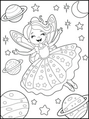 Black and white fairy coloring pages for kids. Children's coloring books with cute cartoon fairy characters, fun and educational materials for kindergarten.
