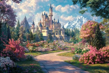 Fairytale castle spring garden path mountains postcard