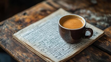 Morning Coffee on Newspaper with Crossword Puzzle on Rustic Wooden Table. Generative AI