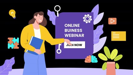 Show engaging webinar moments with vector visuals emphasizing interaction and content sharing.
