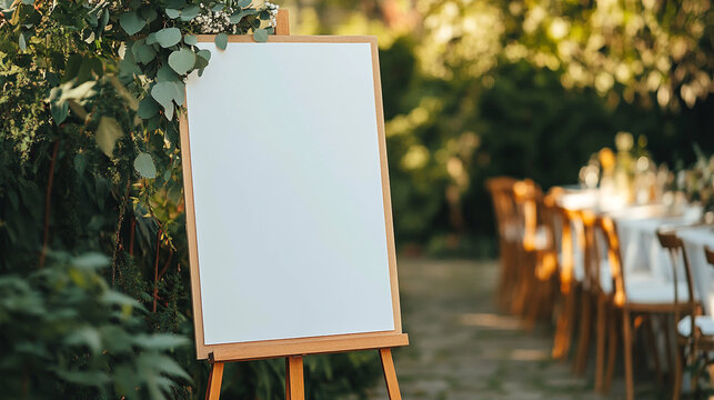 Welcome sign mockup in a serene garden setting for an outdoor event celebration or gathering
