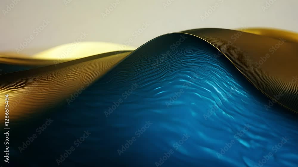 Poster camera weaving through complex wave structures, dynamic abstract waves blend metallic gold and deep 