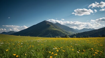 Fototapeta premium mountains in the distance with a field of yellow flowers in the foreground