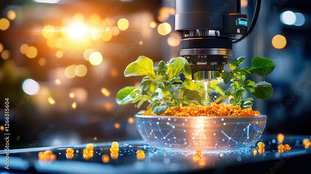 Poster 3d food printer creating customized vitamin enriched plants in futuristic setting, showcasing innova
