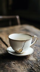 Vintage Tea Cup with a Beautiful Crack on Wooden Table Surface