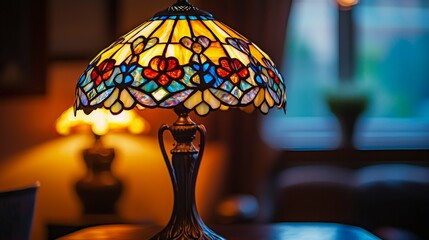 Vibrant Stained Glass Table Lamp Illuminating Cozy Interior Space