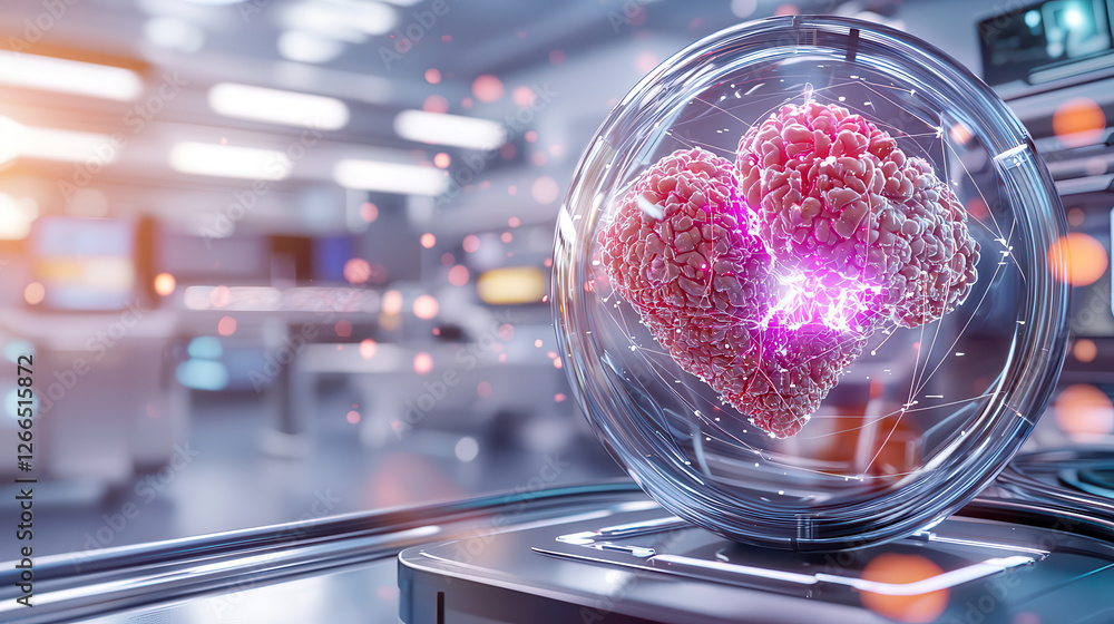 Poster bioengineered heart model in futuristic lab setting, showcasing advanced technology and organ regene