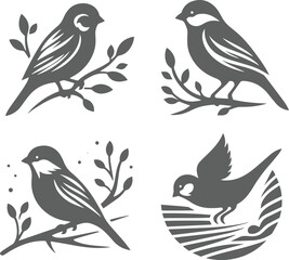Four stylized birds on branches.