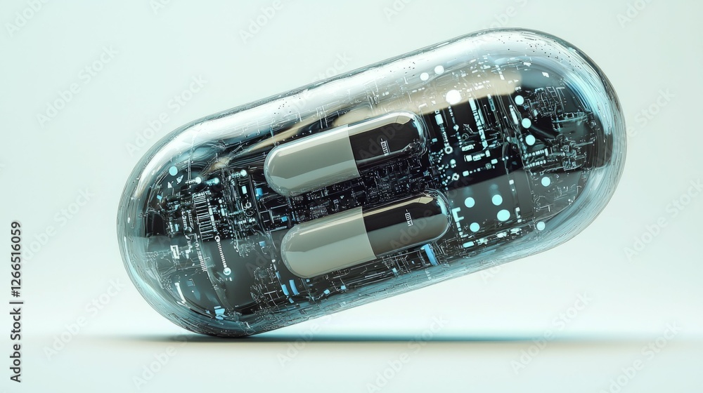 Poster futuristic capsule with technology circuitry inside transparent shell