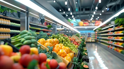 modern supermarket with a vibrant display of fresh fruits and vegetables.