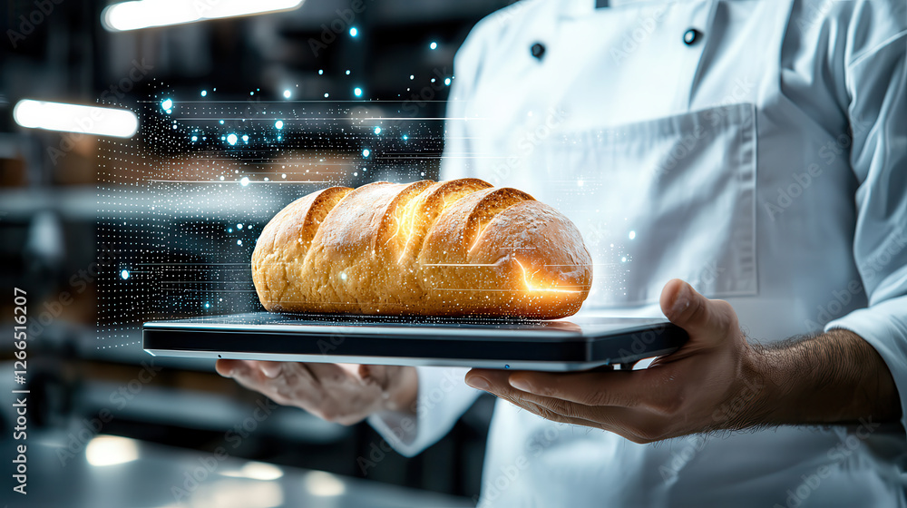 Aufkleber chef holding loaf of bread on digital scale, showcasing advanced technology analyzing its nutritiona