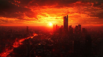 Dramatic Sunset Over City Skyline with Fiery Orange Sky