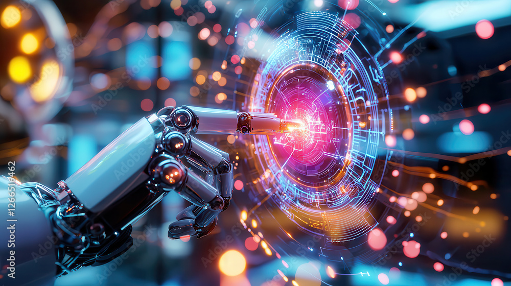 Poster robotic hand interacting with futuristic digital interface, showcasing advanced technology and innov