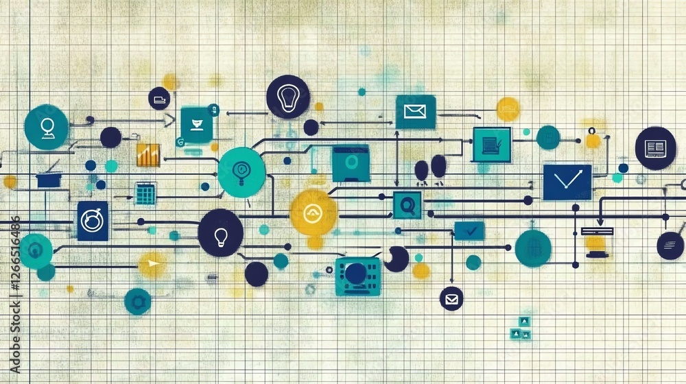 Poster abstract network diagram with connected icons for technology and business use