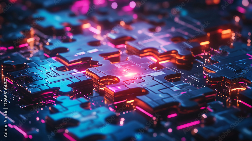 Aufkleber integration concept illuminated by vibrant neon puzzle pieces creating a dynamic visual experience