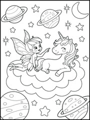 Black and white fairy coloring pages for kids. Children's coloring books with cute cartoon fairy and unicorn characters are in the space, fun and educational materials for kindergarten.
