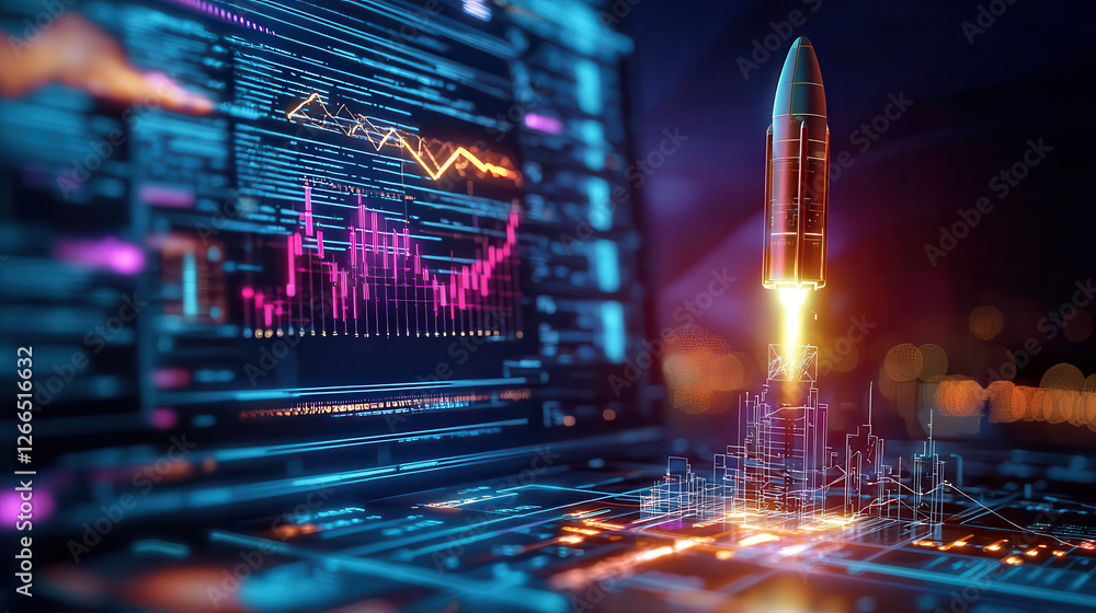 Leinwandbilder digital rocket simulation launching from control station, showcasing advanced technology and data vi