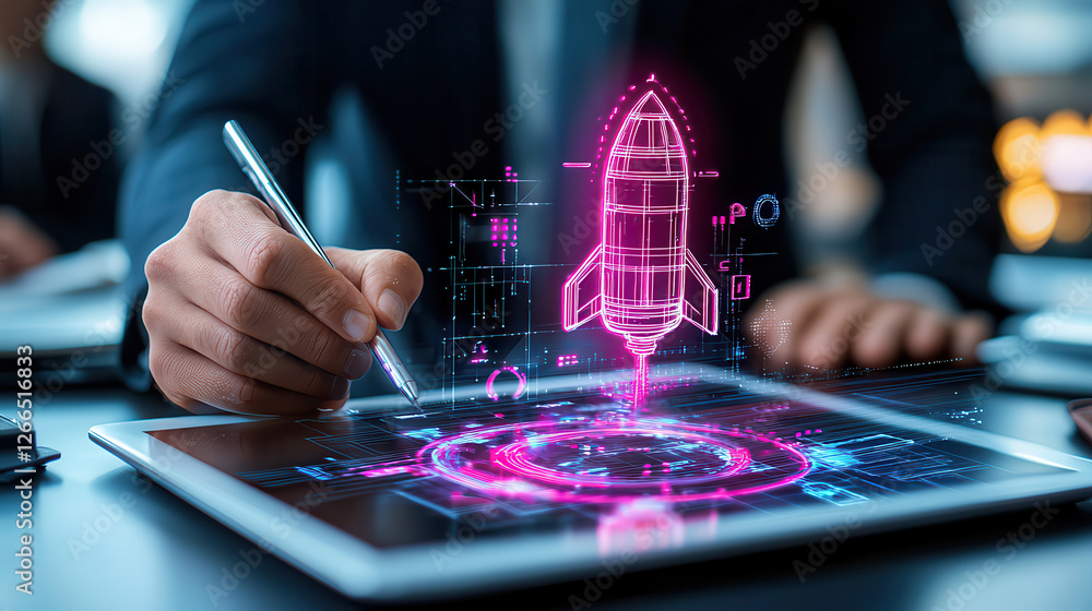 Poster innovative concept of futuristic space startup with digital rocket design. person sketches on tablet