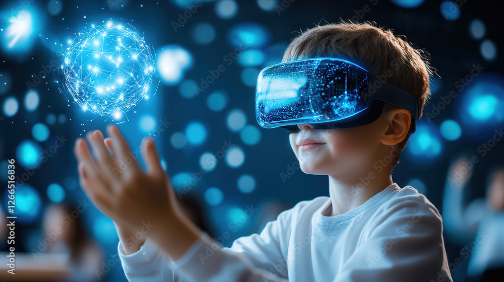 Poster immersive virtual reality experience for child exploring digital worlds. boy interacts with glowing 