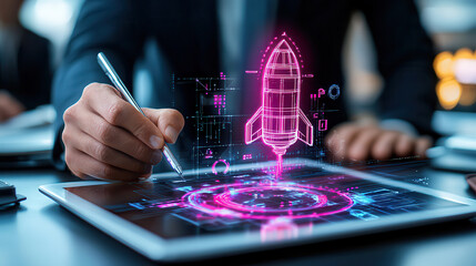Innovative concept of futuristic space startup with digital rocket design. person sketches on tablet, showcasing advanced technology and creativity in aerospace
