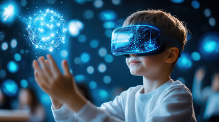 Immersive virtual reality experience for child exploring digital worlds. boy interacts with glowing holographic elements, showcasing future of learning and technology