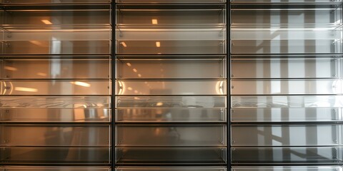 Obraz premium Glass Facade Reflections: Abstract image of a modern glass facade reflecting interior lighting and blurred cityscape, creating a captivating interplay of light, shadow, and geometric lines.