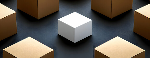White box among brown boxes, dark background.  Unique product concept