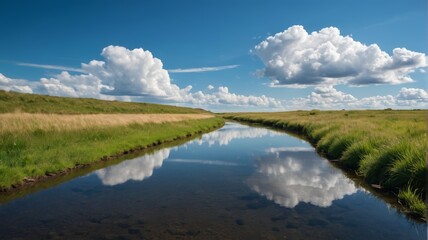 there is a small stream running through a grassy field