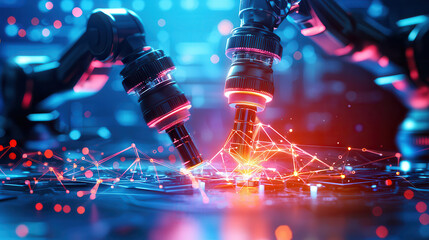 Autonomous robotic arms analyzing molecular structures with precision and advanced technology, showcasing intricate connections and vibrant colors