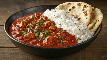 A delicious bowl of curry with rice and naan, served on a rustic wooden table, steam rising