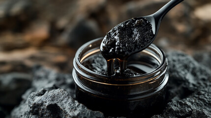 Dripping shilajit honey flows from a spoon into a glass jar on a rocky surface, capturing nature's essence in perfect harmony