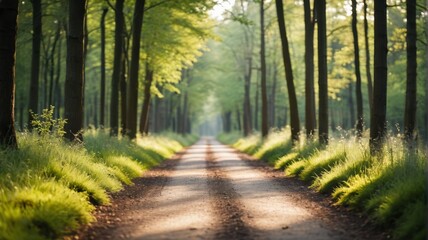 Fototapeta premium there is a dirt road that is lined with trees and grass