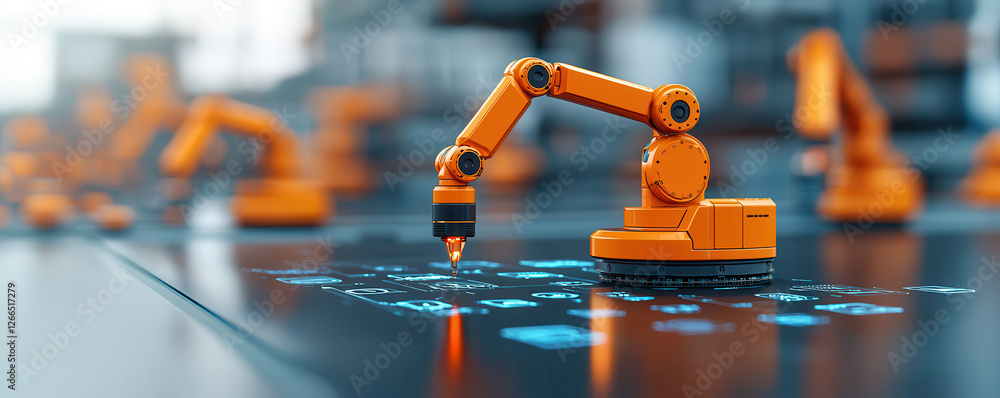 Poster Automated robotic arm working on smart factory floor, showcasing advanced technology and efficiency in manufacturing processes