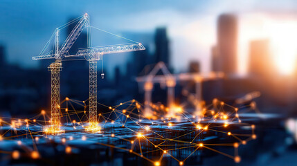 Autonomous robotic construction site with AI driven cranes and urban skyline. image showcases advanced technology in construction, highlighting innovation and efficiency